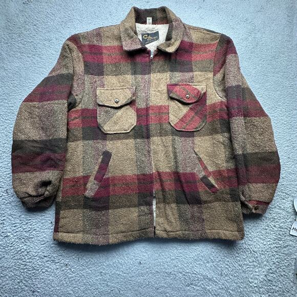 Vintage 70s Cal Craft Wool Sherpa Lined Zip Flannel Plaid Jacket Mens XL Brown - Picture 1 of 11